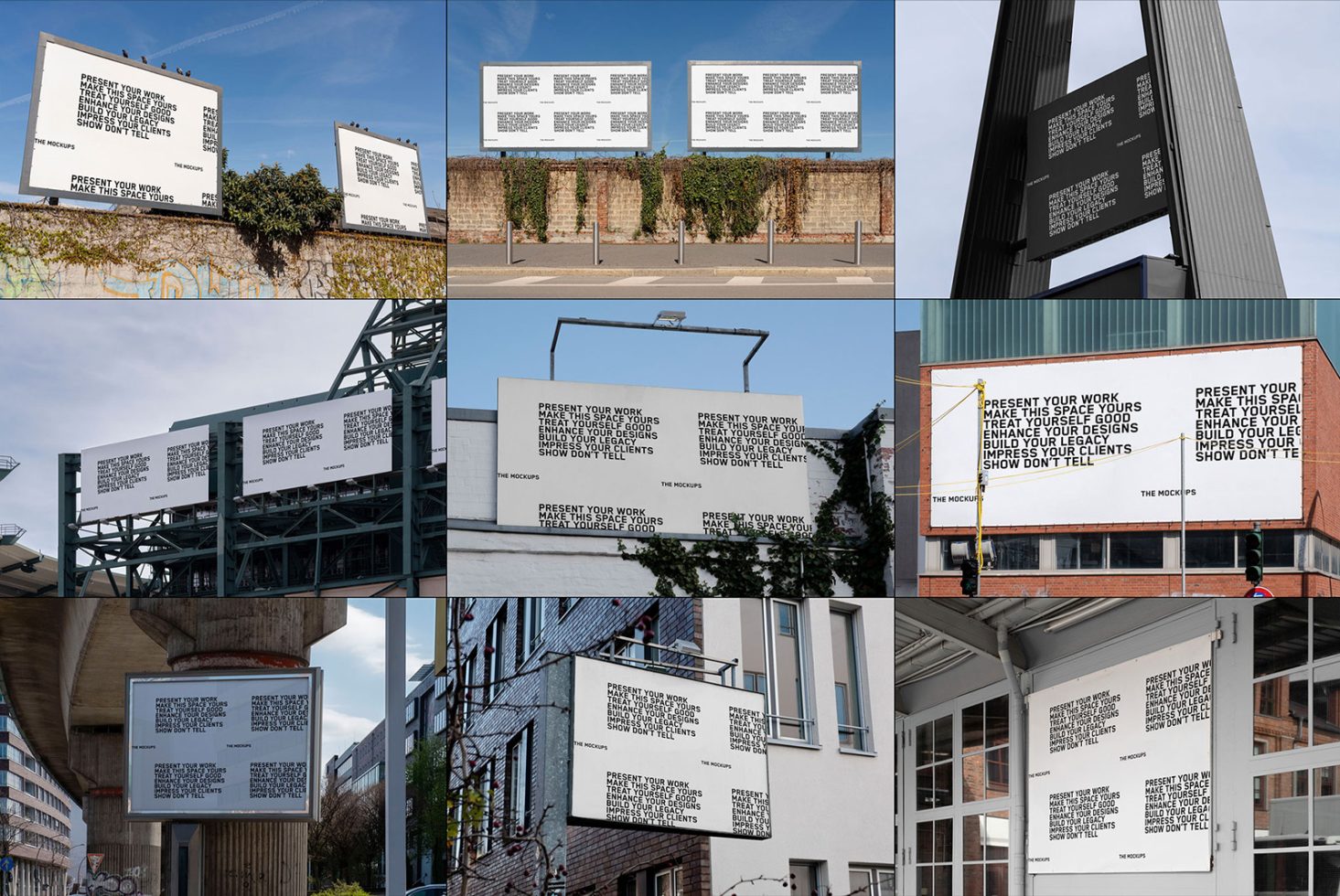 Billboard mockup collection in urban settings, featuring editable design spaces for marketing and branding presentations by designers.